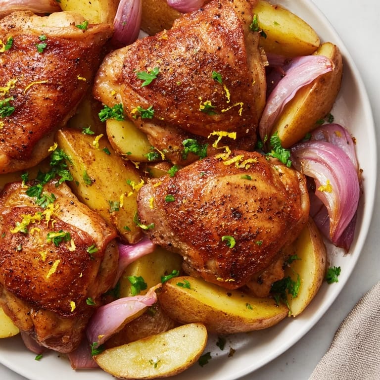 Close-up of baked Greek Lemon Chicken and Potatoes: juicy chicken, herbs, and vibrant lemon, a delicious meal.