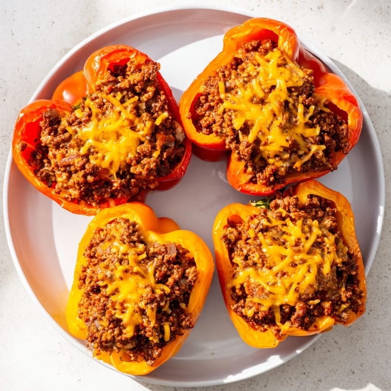 Get a close-up of cheesy, bubbling Sloppy Joe Stuffed Bell Peppers, perfect for a satisfying dinner.