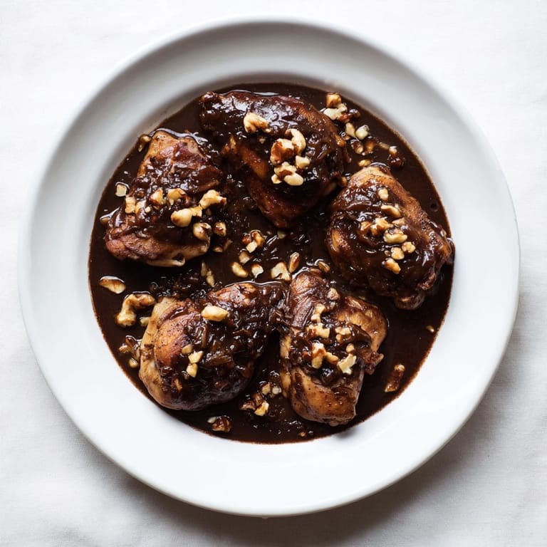 Close-up of Budget Fesenjan Stew: savory chicken thighs and a glistening, deep-red pomegranate sauce.