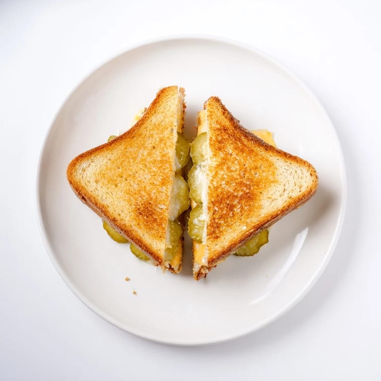 Close-up of a Gooey Pickle Grilled Cheese, oozing cheese, tempting bread, and a delicious vegetarian snack.