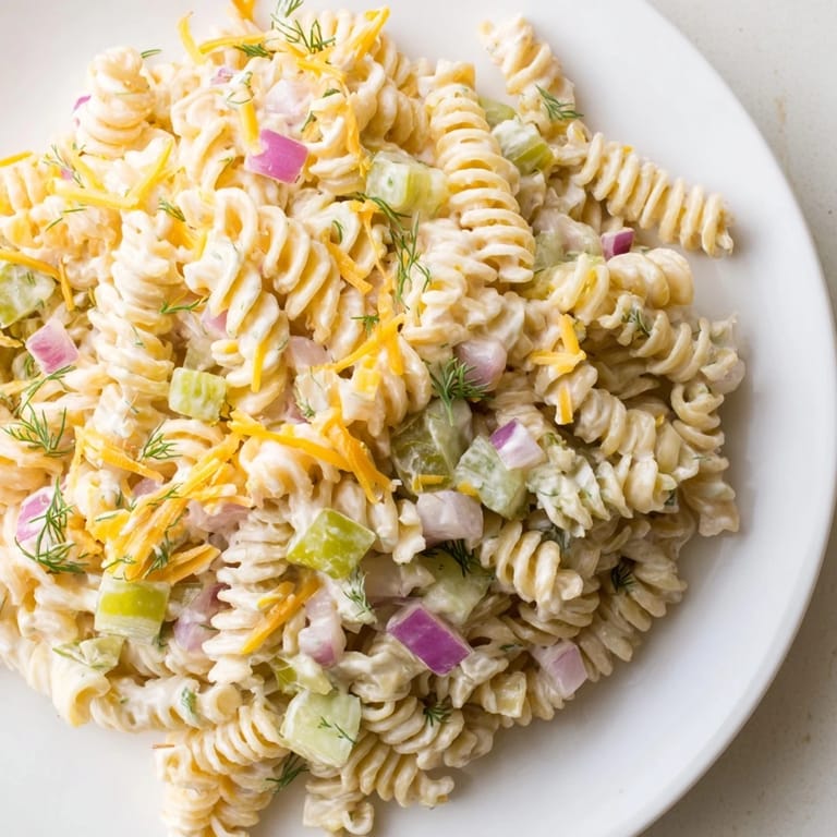 A vibrant bowl of Dill Pickle Pasta Salad, showcasing colorful ingredients and savory flavors perfectly.
