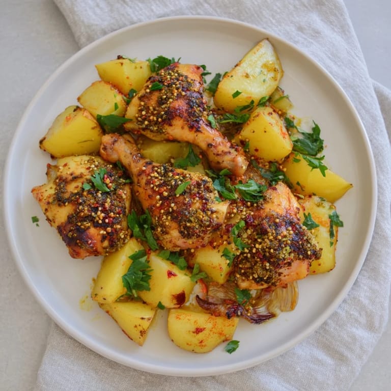 This tempting image showcases beautifully seasoned Pan-Roasted Zaatar Chicken and Potatoes, ready to be served.