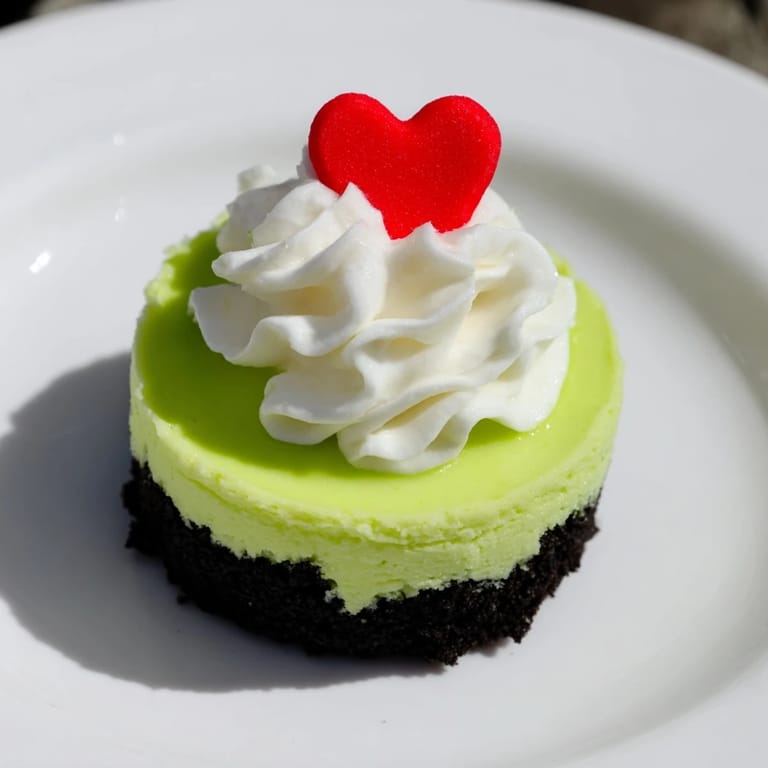 Festive Grinch Mini Cheesecakes with a creamy neon filling, perfect for a Christmas dessert table.