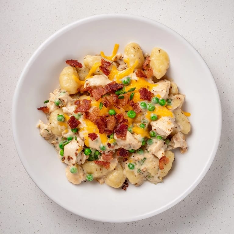 A steaming bowl of Creamy Crack Chicken Gnocchi features the rich, creamy sauce generously coating each pillowy gnocchi and garnished with green onions.