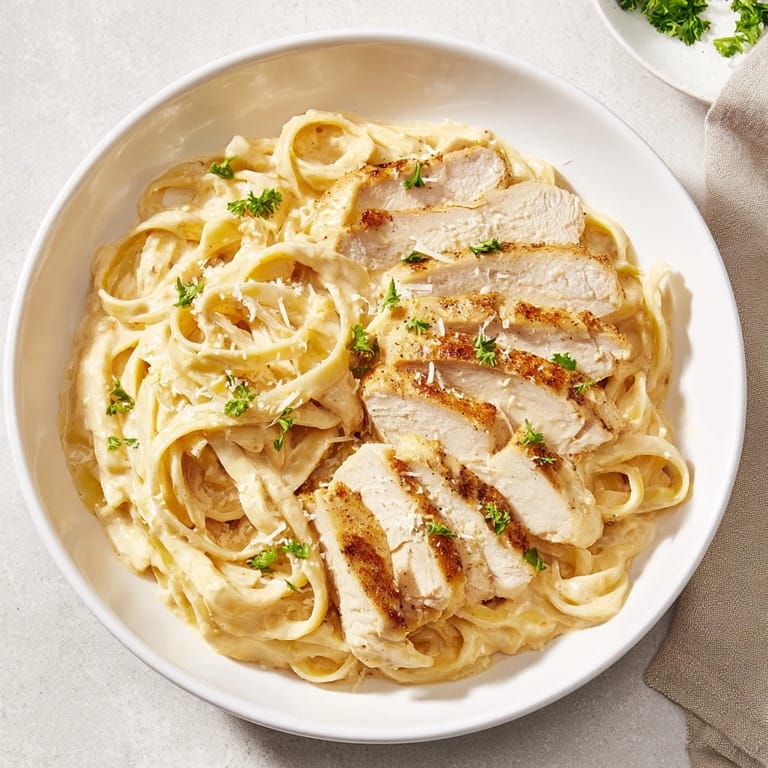 A close-up view of the rich, enticing Cajun Chicken Alfredo Fettuccine Pasta, garnished with fresh parsley.