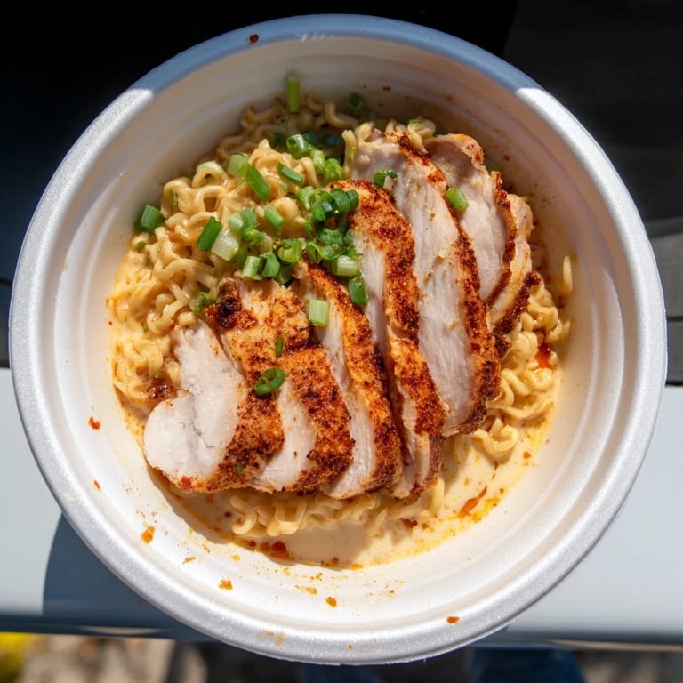 Delicious Fiery Chicken Ramen with tender chicken, a creamy garlic base, and vibrant green onion garnish displayed beautifully.