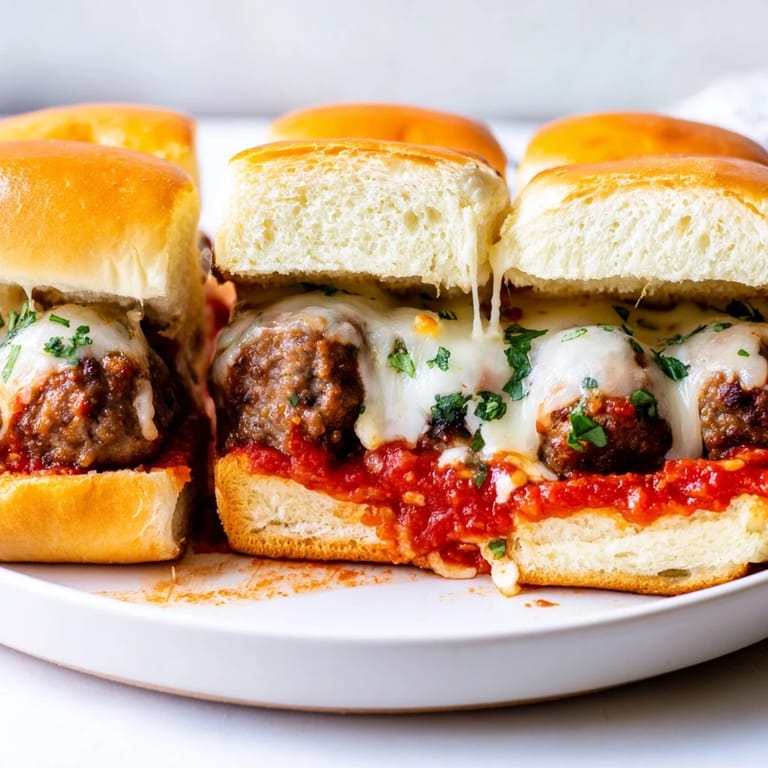 Baked and bubbly Easy Christmas Meatball Sliders with melted mozzarella, a delicious holiday meal idea.