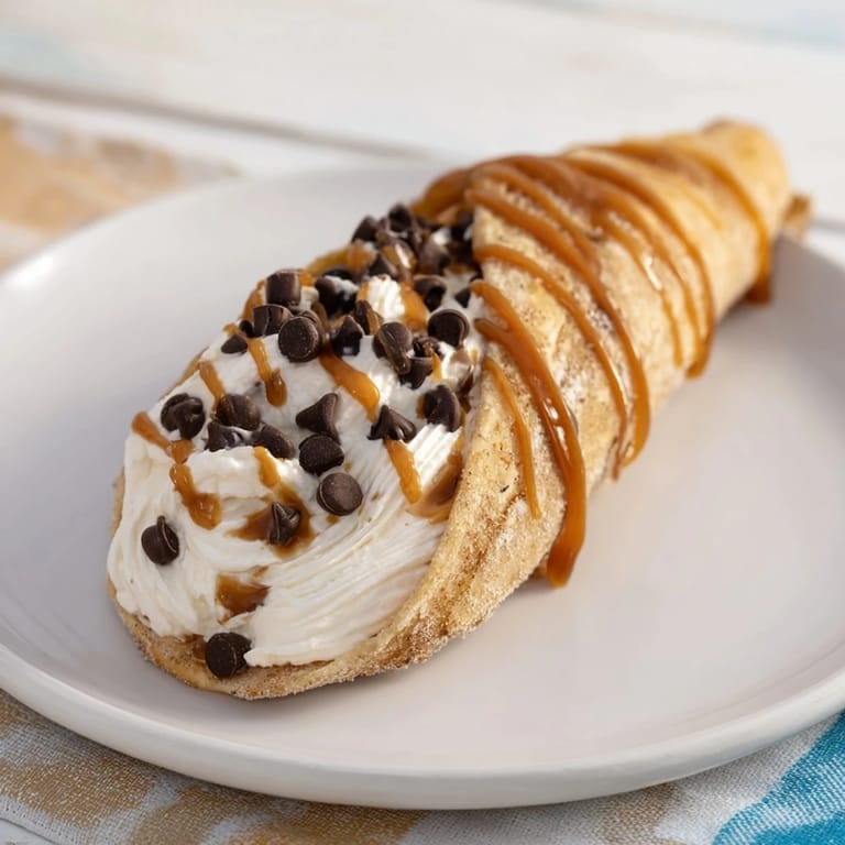 Crispy Quick Churro Cheesecake Cones, filled with fluffy cheesecake and drizzled with chocolate, look delicious.