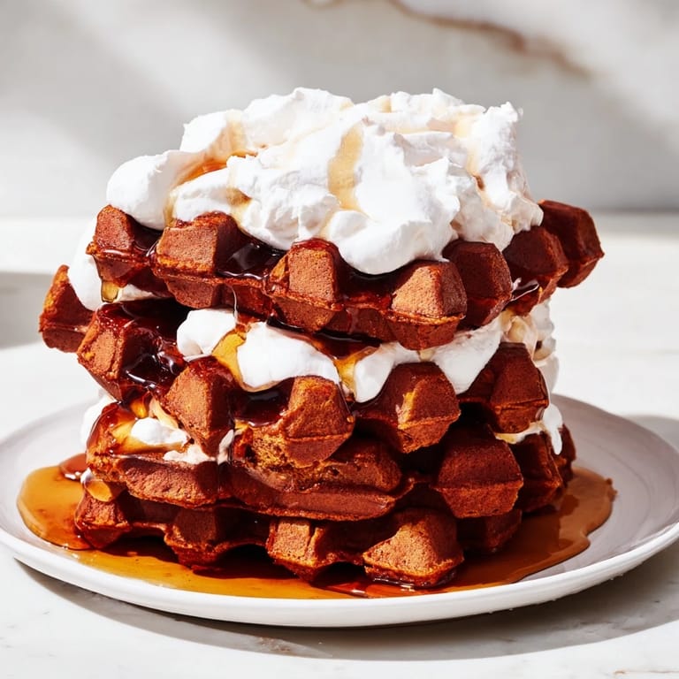Fluffy, golden brown Express Gingerbread Waffle Stacks, ready for a delightful and cozy weekend breakfast or dessert.