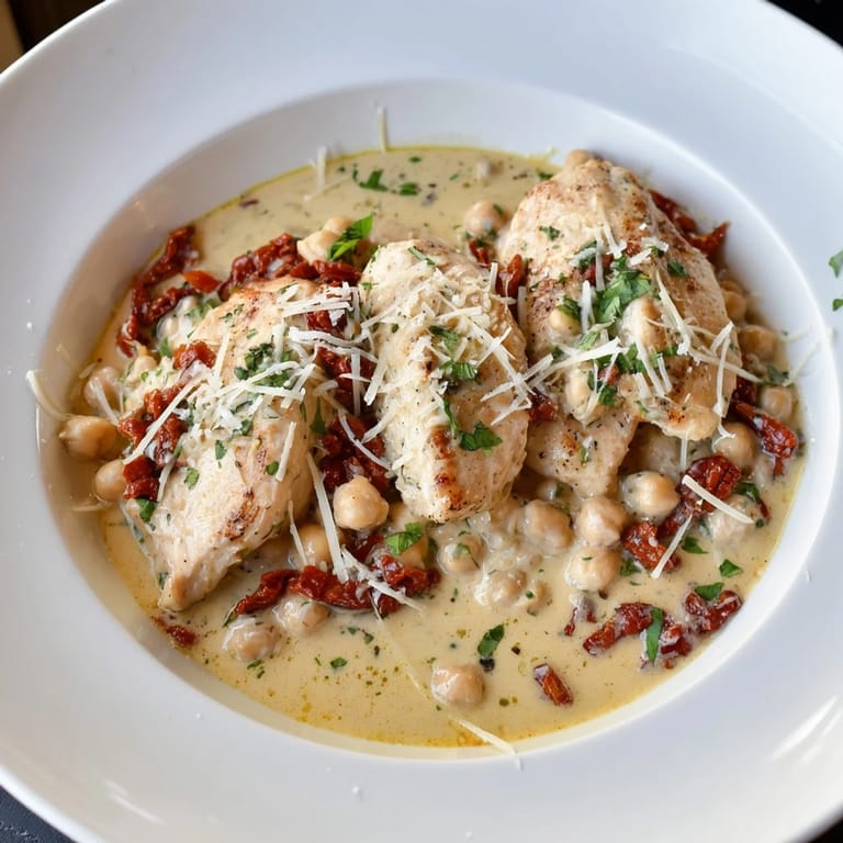 Close-up of High-Protein Marry Me Chicken and Chickpeas: a flavorful, comforting dish with sun-dried tomatoes.