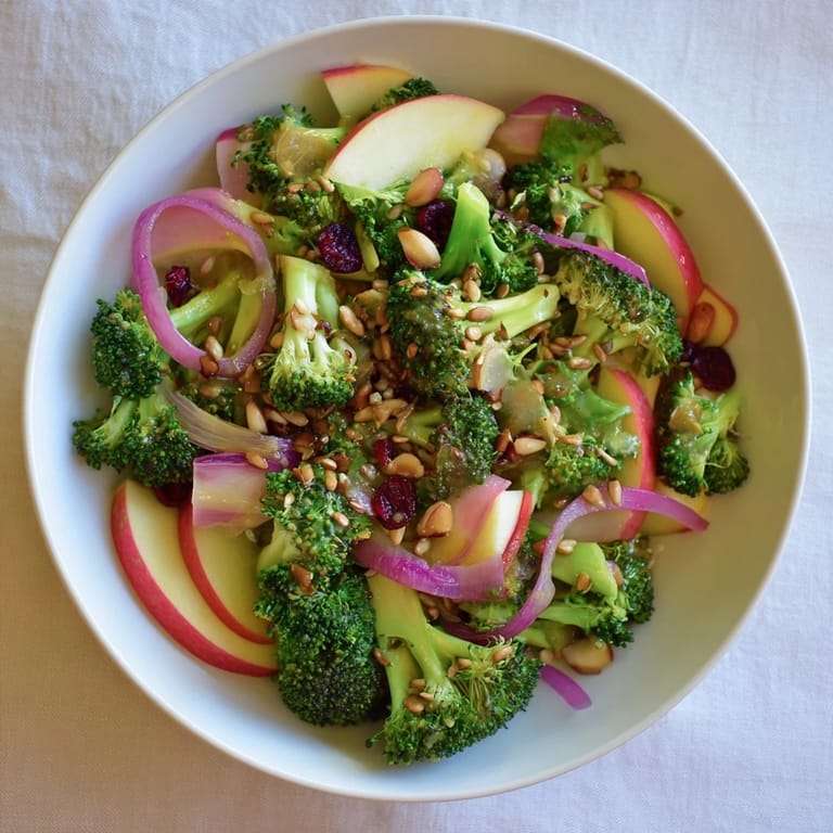 Delicious Broccoli and Apple Hot Girl Salad with crunchy almonds and a zesty, light dressing.