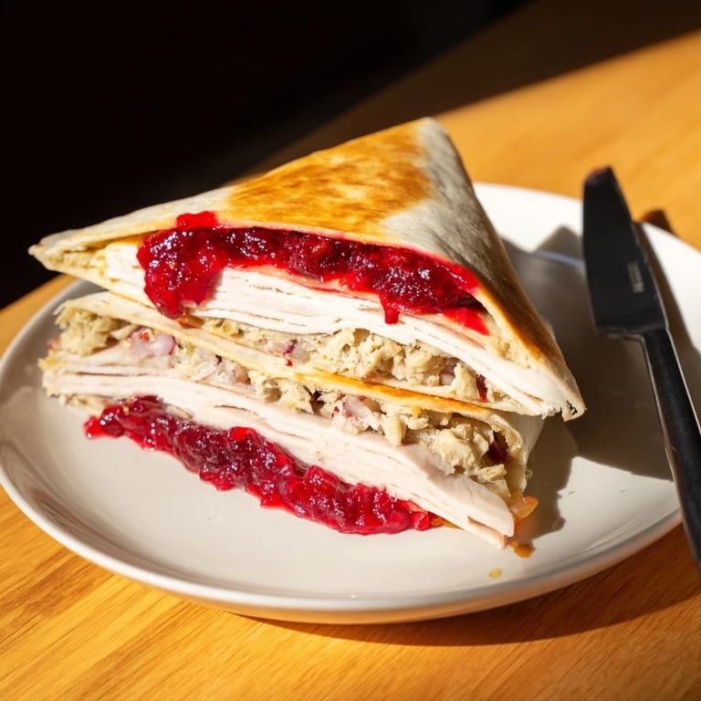 Melted cheese spills from this plated Turkey, Stuffing & Cranberry Leftovers Tortilla Wrap.