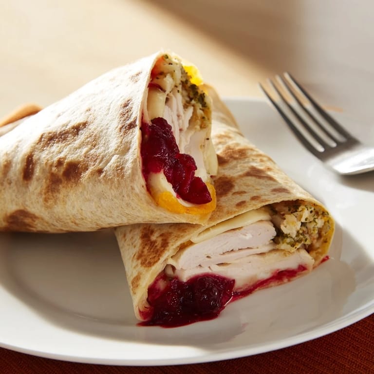 Golden, folded Turkey, Stuffing & Cranberry Leftovers Tortilla Wrap, perfect for a quick, satisfying meal.