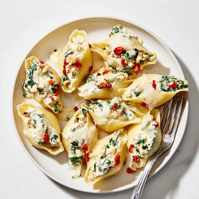 Festive High-Protein Cottage Cheese Alfredo Christmas Shells, a delicious holiday meal with turkey and spinach filling.