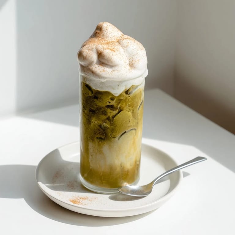Enjoy a layered Iced Cinnamon Roll Matcha with a fluffy protein foam, a delightful fusion beverage.