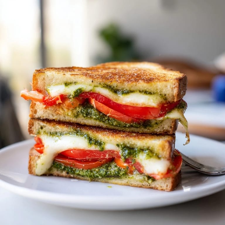 A close-up of a perfectly grilled Caprese Pesto Panini-Style Grilled Cheese, ready to be sliced and enjoyed.