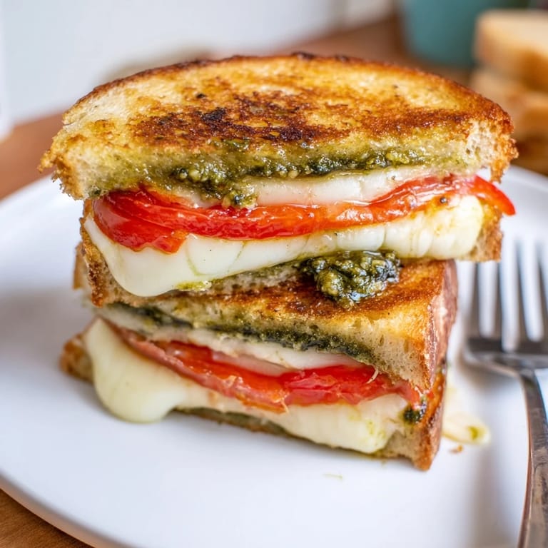 Crispy, buttery bread surrounding fresh pesto and mozzarella in the flavorful Caprese Pesto Panini-Style Grilled Cheese.