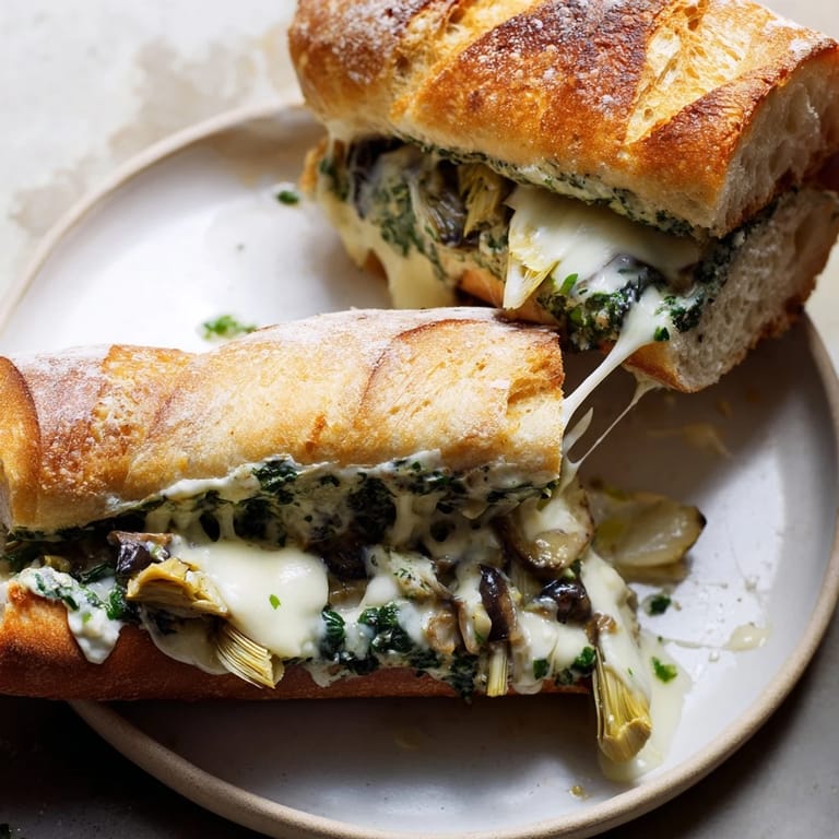 A close-up of a perfectly grilled Sourdough Spinach Artichoke Dip Grilled Cheese, ready to be sliced and enjoyed.