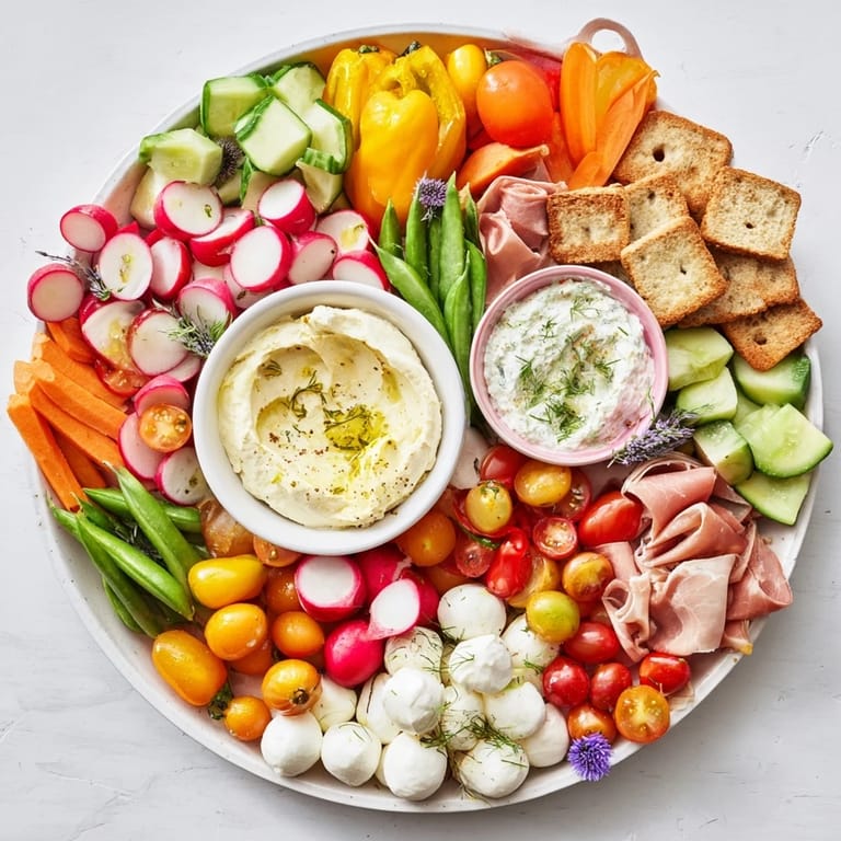 This Spring Wreath Appetizer Platter offers a beautiful display of fresh ingredients, perfect for any gathering.