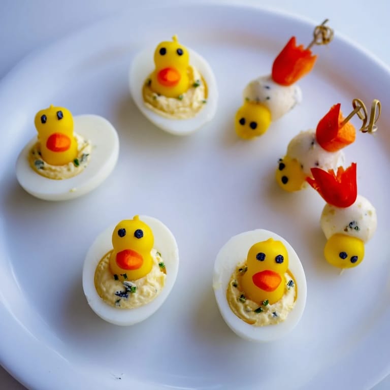 Creamy egg filling forms the base of fun Chick & Duckling Snacks, ready for easy spring entertaining.