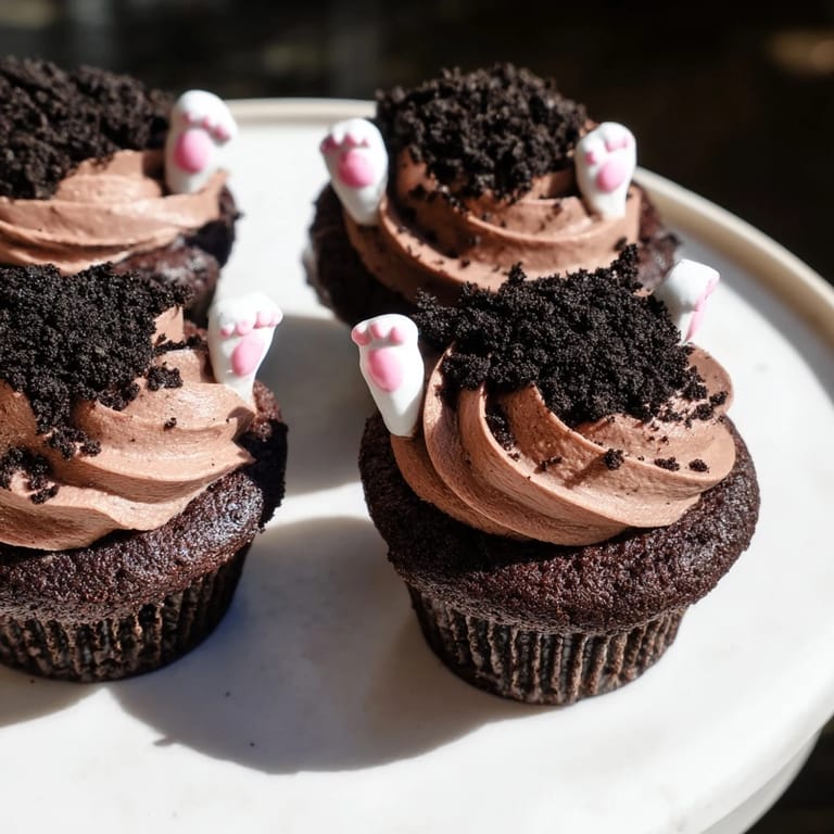 These whimsical Bunny Burrow Cupcake Tray desserts show playful fondant bunny feet peeking from "earthy" chocolate cupcakes.