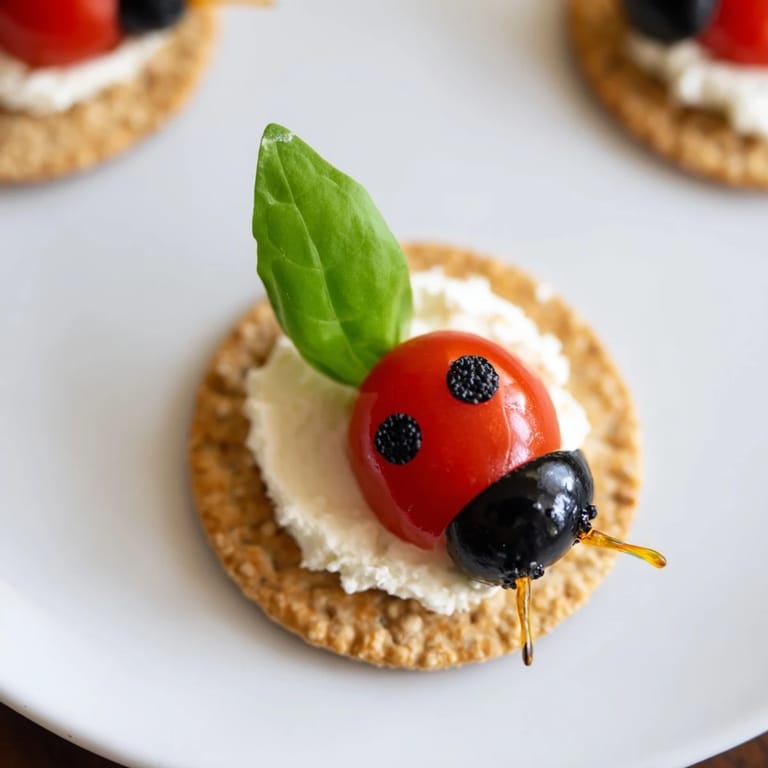 See these delightful Ladybug Love Picnic Finger Foods with vibrant tomato bodies and olive heads.
