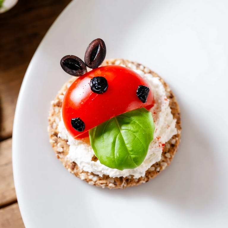 Creamy cream cheese topped with ladybug-like Ladybug Love Picnic Finger Foods look enticing on a platter.