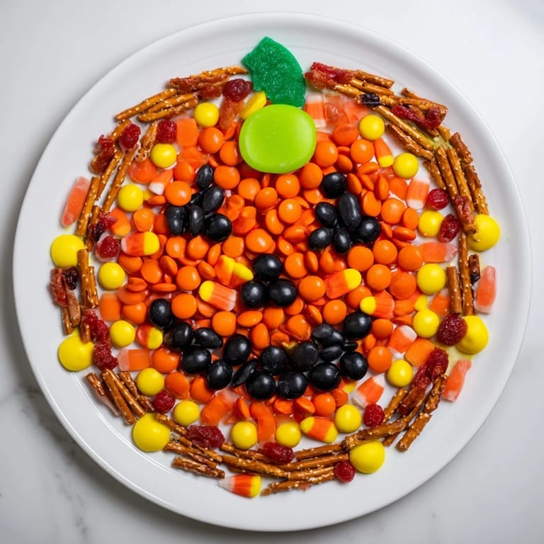 Vibrant Jack-o-Lantern Candy Board piled with colorful candies and treats, ideal for serving guests.