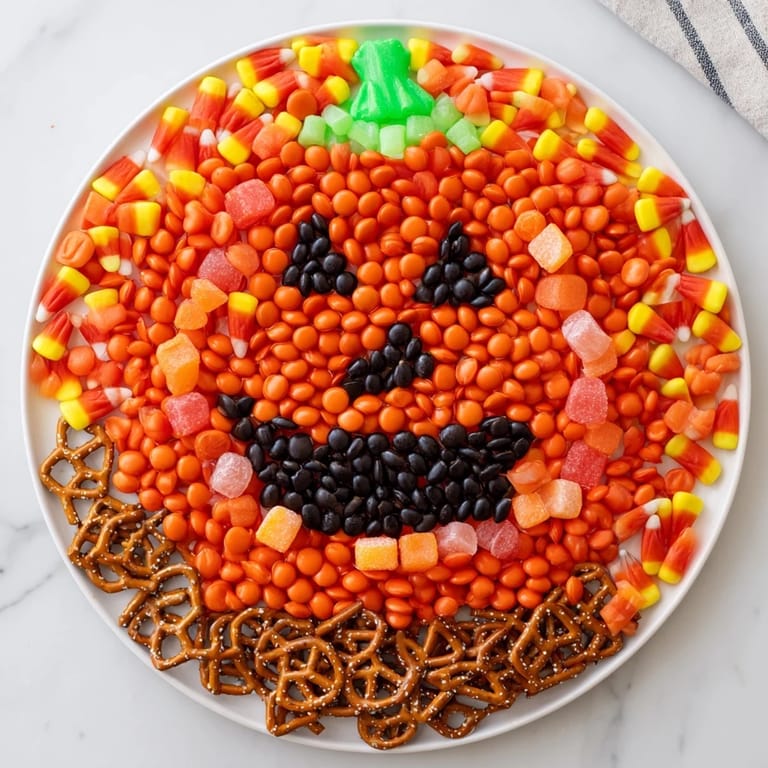 This festive Jack-o-Lantern Candy Board features a sweet pumpkin face, perfect for a Halloween party snack.