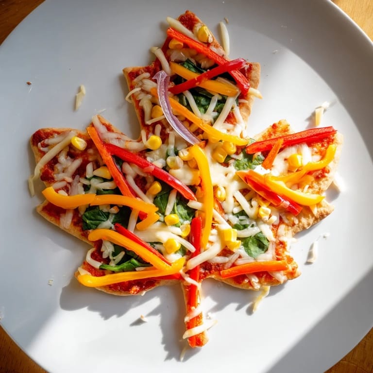 Close-up of baked Fall Foliage Maple Leaf Mini Pizzas, showing golden crust and delicious toppings.