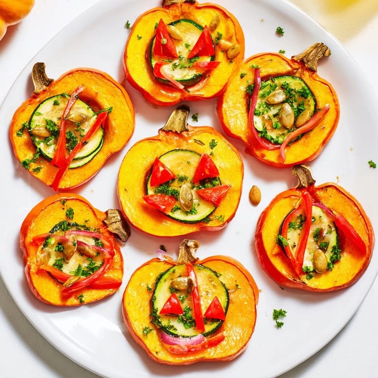 A colorful plate with cooked vegetables in a jack-o-lantern face; a fantastic Pumpkin Lantern.