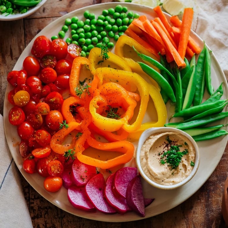 A delicious spread of colorful vegetables and homemade dips, ready to enjoy this Rainbow Vegetable Dips recipe.