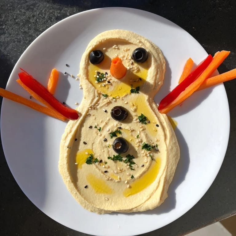 Vibrant melted snowman hummus platter, perfect for holiday parties with colorful bell pepper and dippers.
