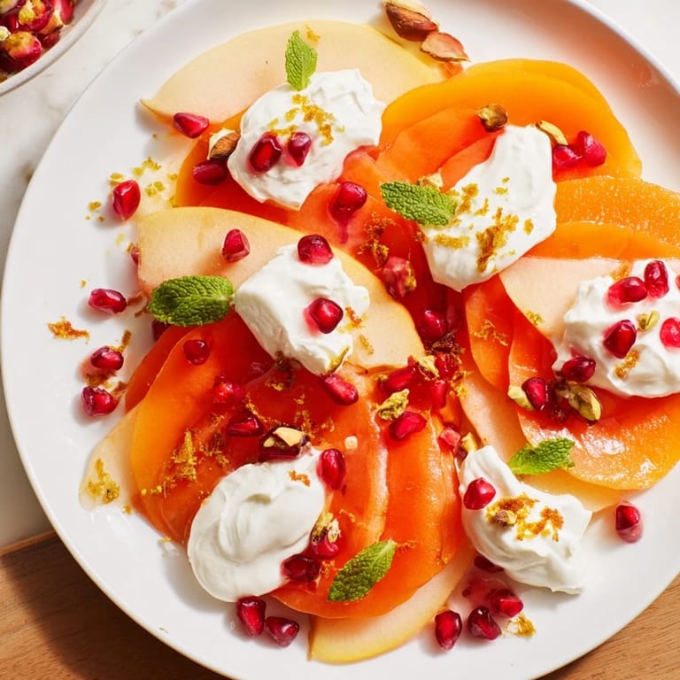 This vibrant Winter Fruit Snowscape recipe showcases layered persimmons, pears, and creamy mascarpone perfectly.