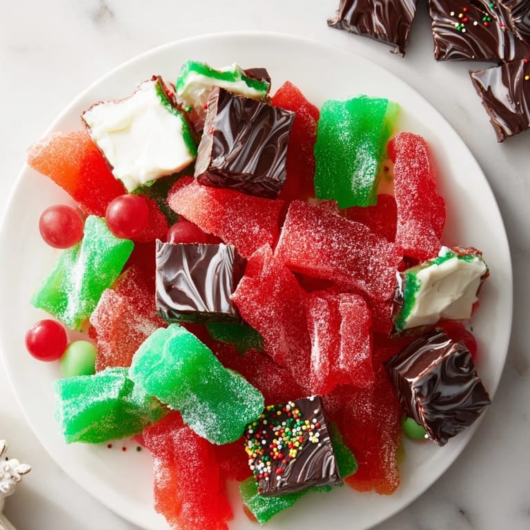 Sweet homemade Jingle Bell Rock Candy shimmering alongside chocolate and candies create a beautiful dessert.
