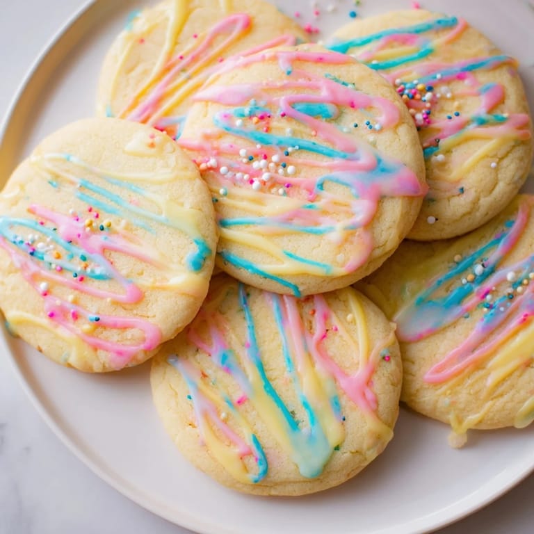Homemade sugar cookies with a delicate icing drizzle, ready to be enjoyed with friends.