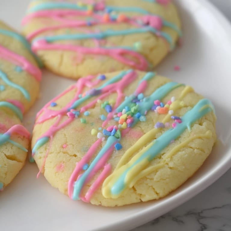 Freshly baked sugar cookies, boasting a vibrant drizzle of icing, offering a sweet experience.