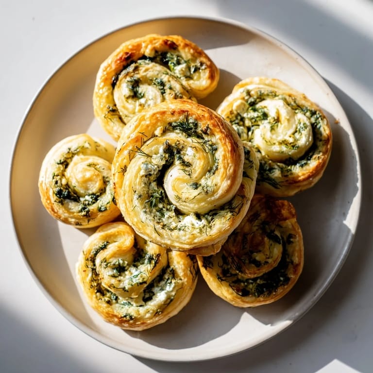 Close-up of baked Savory Spinach Feta Pinwheels, with flaky layers and creamy spinach filling, delicious appetizer.