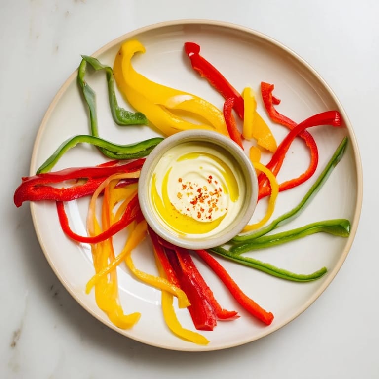 Vibrant red, yellow, and green bell pepper strips with herbed yogurt dip appetizer.
