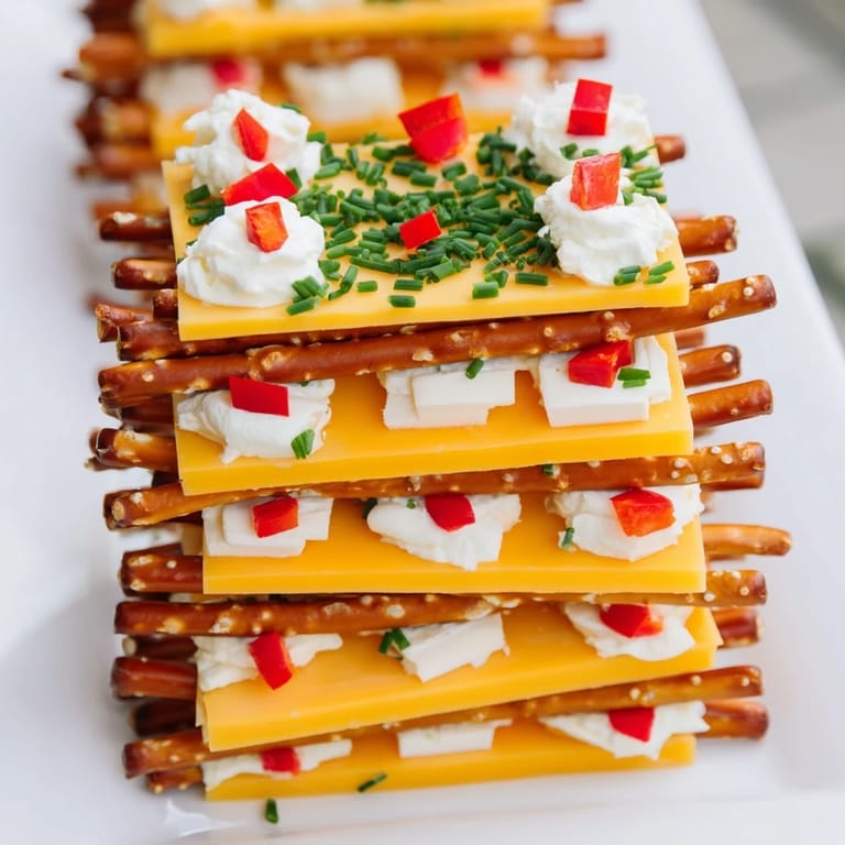 Close-up of a charming Log Cabin appetizer, cheese and pretzel logs are artfully arranged for fun.