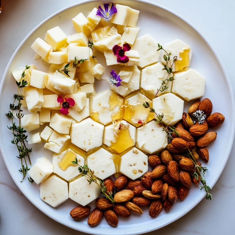 Elegant honeycomb cheese maze appetizer, featuring cheddar, manchego, and drizzled honey for a delicious visual treat.