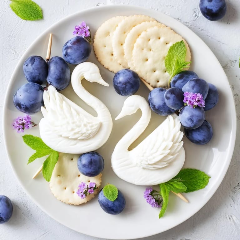 Freshly arranged Elegant Swan Lake Board with crackers, grapes, and two carved swan figures.