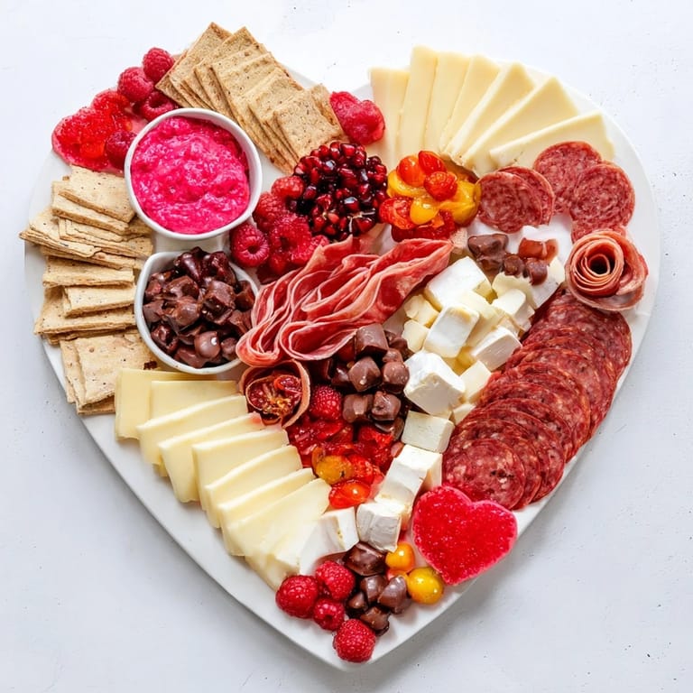 Beautifully arranged Heart of Romance Board displays a vibrant array of flavors for a special occasion appetizer.