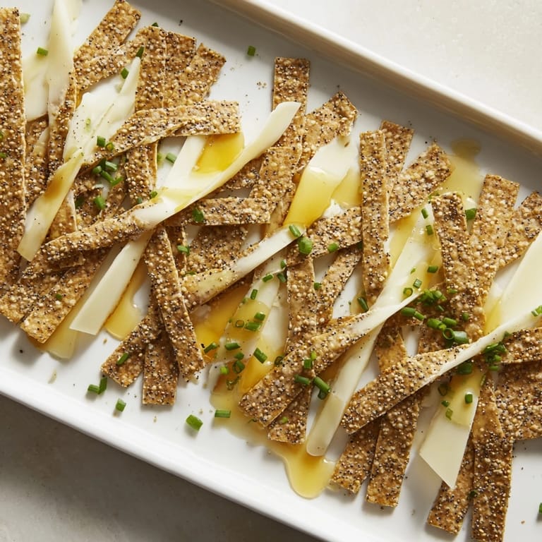 Crispy crackers and layered cheeses create a delicious Garden Gate Lattice appetizer on a platter.
