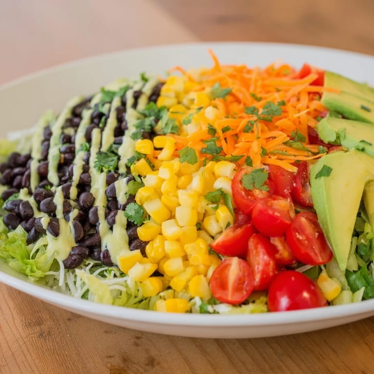 This Southwest Sunset Palette salad features a colorful arrangement of ingredients, including cheese and fresh corn, for a delicious taste.