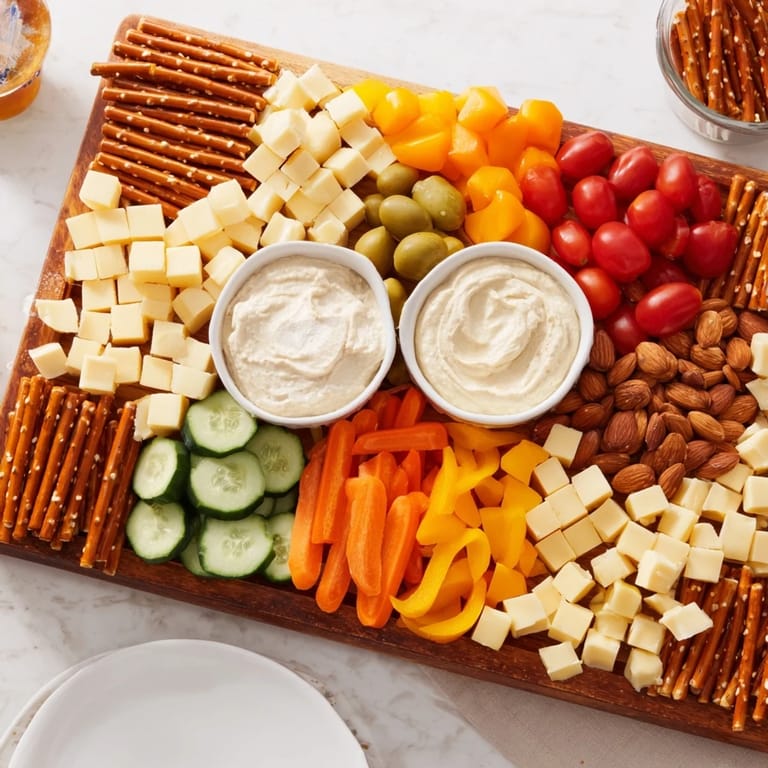 Explore this delicious Urban Grid appetizer with cubed cheeses, olives, and vibrant fresh vegetables on the grid.