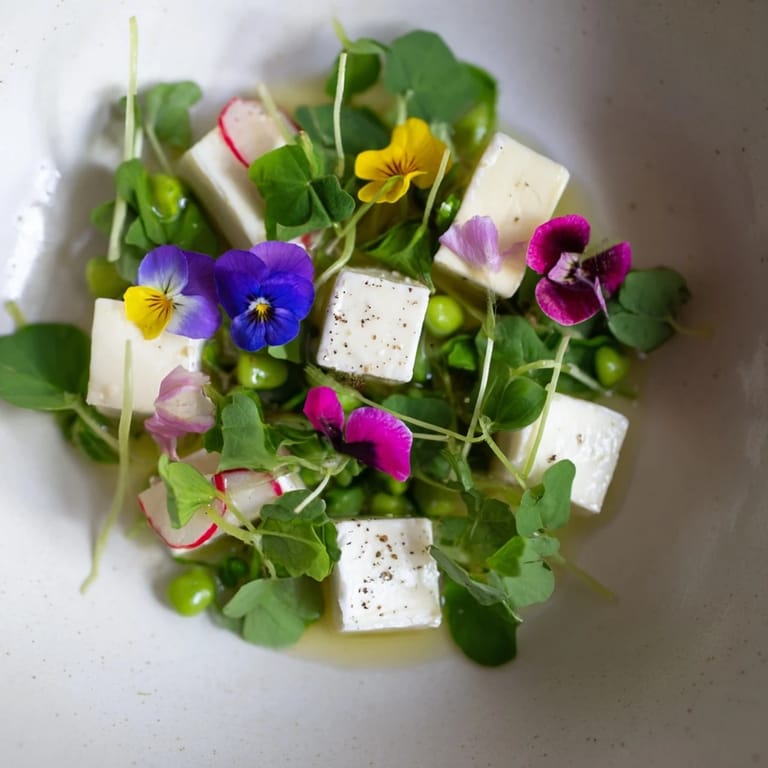 Elegant The Secret Garden recipe with edible blooms and fresh herbs, hiding creamy cheese treasures ready to enjoy.