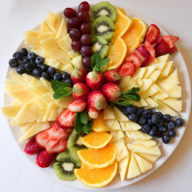 Symmetrical display of a Kaleidoscope Circle, an inviting appetizer with fresh fruit and aged cheddar.