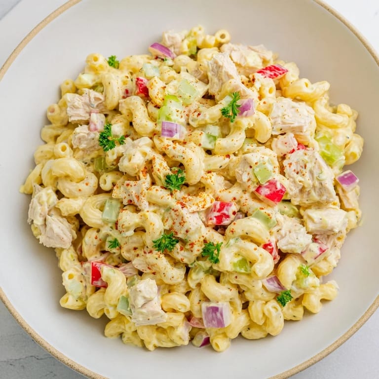 Creamy chilled Chicken Macaroni Holiday Salad, perfect for a potluck, with parsley garnish and paprika.