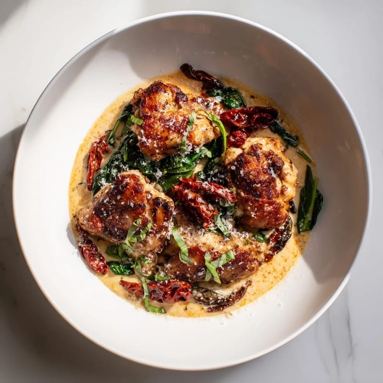 A visually appealing, hot Creamy Sun-Dried Tomato Chicken Skillet with fresh basil garnish, ready to eat.